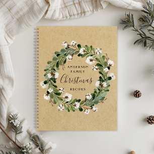 Rustic Kraft Cotton Wreath Christmas Family Recipe Notebook