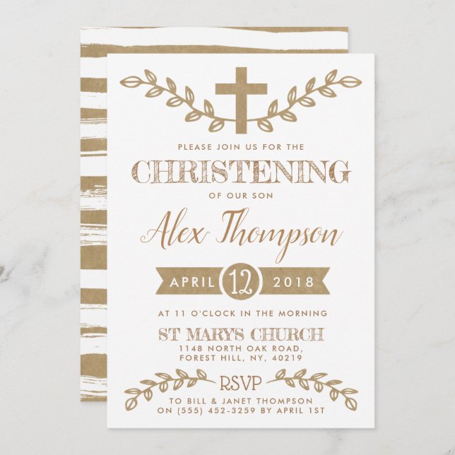 Rustic Kraft Cross & Foliage Christening Invitation (Front/Back)