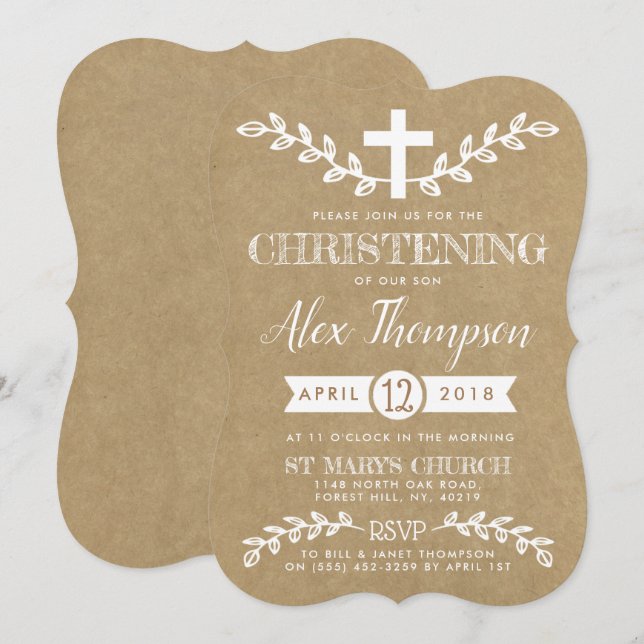 Rustic Kraft Cross & Foliage Christening Invitation (Front/Back)