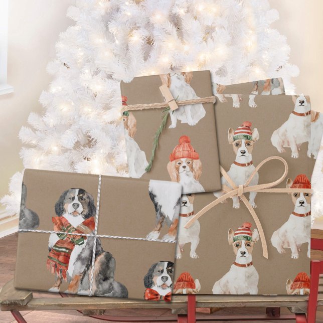 Rustic Kraft Dogs Dressed for Christmas Wrapping Paper Sheet (Rustic Kraft Dogs Dressed for Christmas Holiday Gift Wrapping Paper Sheets Trio)