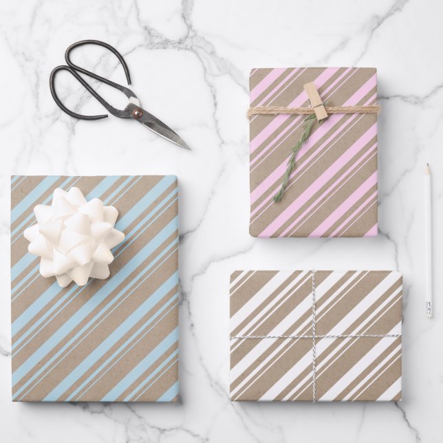 Rustic Kraft Dusty Blue Pink White Candy Stripes Wrapping Paper Sheet (Front)