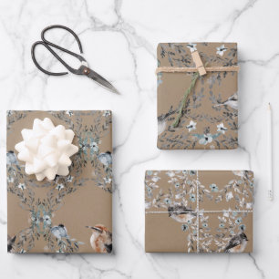 Rustic Kraft Dusty Blue Winter Birds Nesting Wrapping Paper Sheet