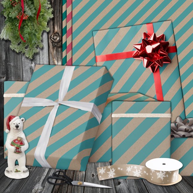 Rustic Kraft Dusty Teal Green Wide Stripe Holiday Wrapping Paper (Rustic Kraft Dusty Teal Green Wide Stripe Holiday Wrapping Paper in 6 & 15 foot rolls of 30" widths)