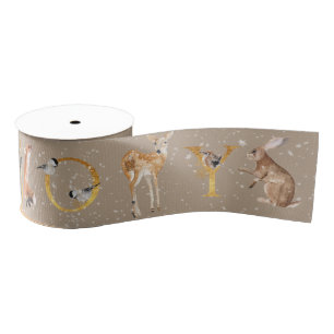 Rustic Kraft Elegant Animals & Joy In Gold Letters Grosgrain Ribbon