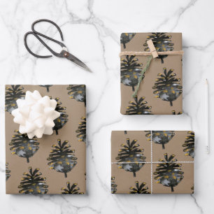 Rustic Kraft Elegant Black Gold Pine Cones Wrapping Paper Sheet