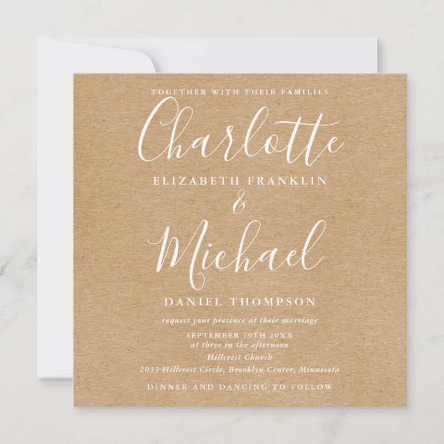 Rustic Kraft Elegant Script All In One Wedding Invitation (Front)