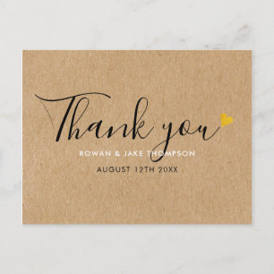 Rustic Kraft Elegant Script Gold Heart Thank You Postcard
