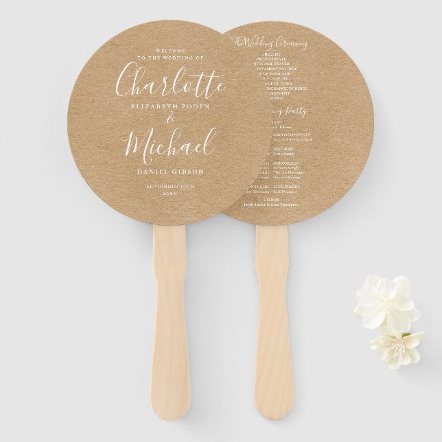 Rustic Kraft Elegant Script Wedding Program Hand Fan (Front and Back)