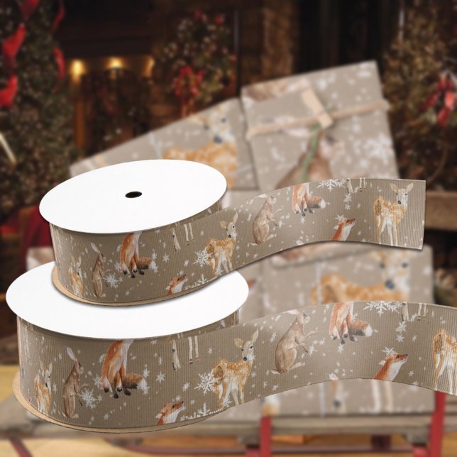 Rustic Kraft Elegant Snowy Winter Animals Grosgrain Ribbon (Rustic Kraft Elegant Winter Animals Christmas Holiday Grosgrain or Satin Gift Wrapping Ribbon)