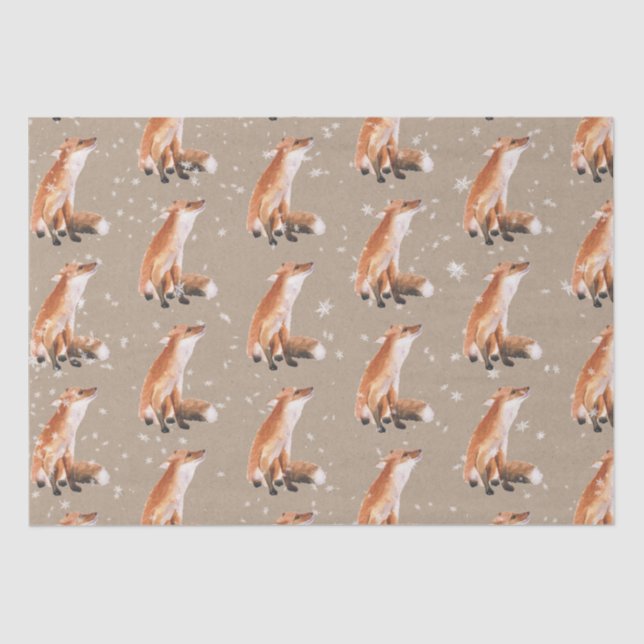 Rustic Kraft Elegant Snowy Winter Animals Red Fox Tissue Paper (Front)