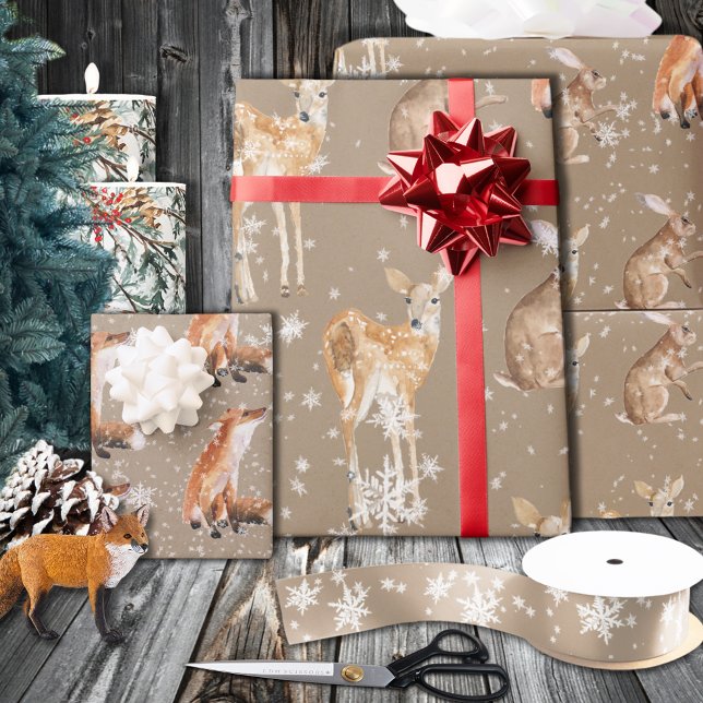 Rustic Kraft Elegant Winter Animals Snowflakes Wrapping Paper (Rustic Kraft Elegant Winter Animals Snowflakes Wrapping in 6 and 15 foot long 30 Inch Width Rolls
)