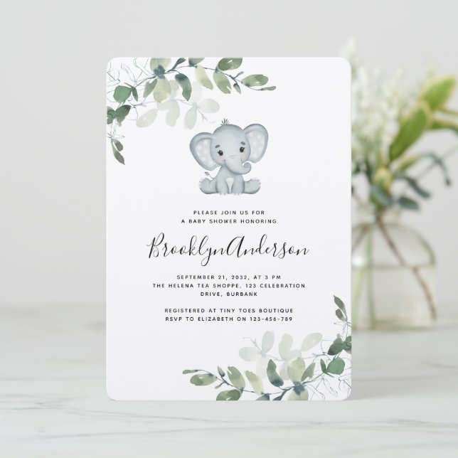 Rustic Kraft Elephant Eucalyptus Baby Shower Invitation (Standing Front)