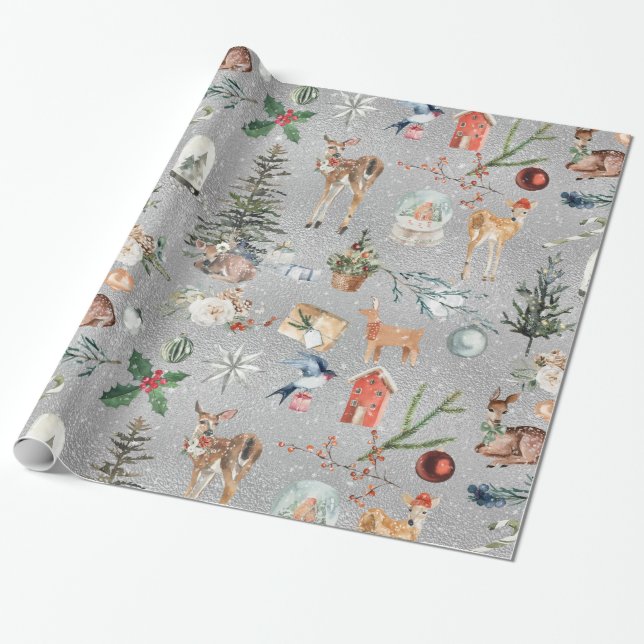 Rustic Kraft Everything Christmas Reindeer Silver Wrapping Paper (Unrolled)