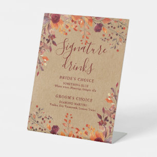 Rustic Kraft Fall Autumnal Floral Signature Drinks Pedestal Sign
