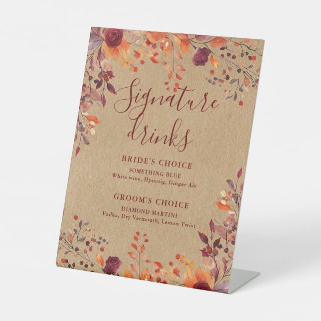 Rustic Kraft Fall Autumnal Floral Signature Drinks Pedestal Sign (Front)