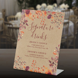 Rustic Kraft Fall Autumnal Floral Signature Drinks Pedestal Sign