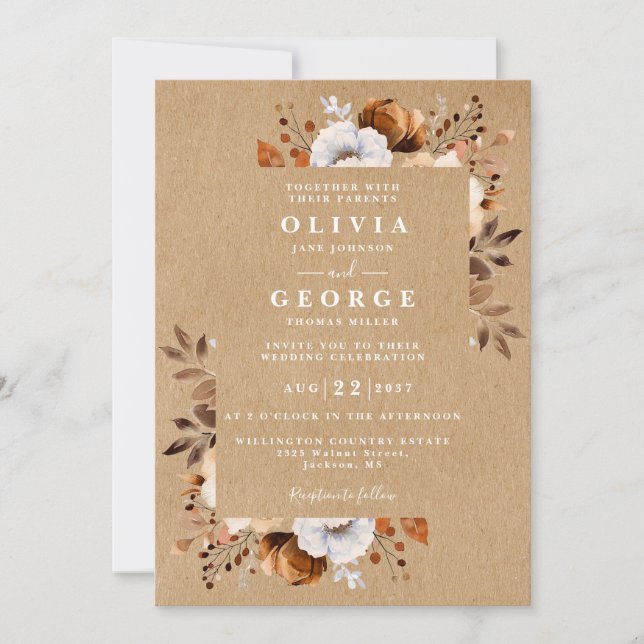 Rustic Kraft Fall Floral All In One Wedding Invitation (Front)