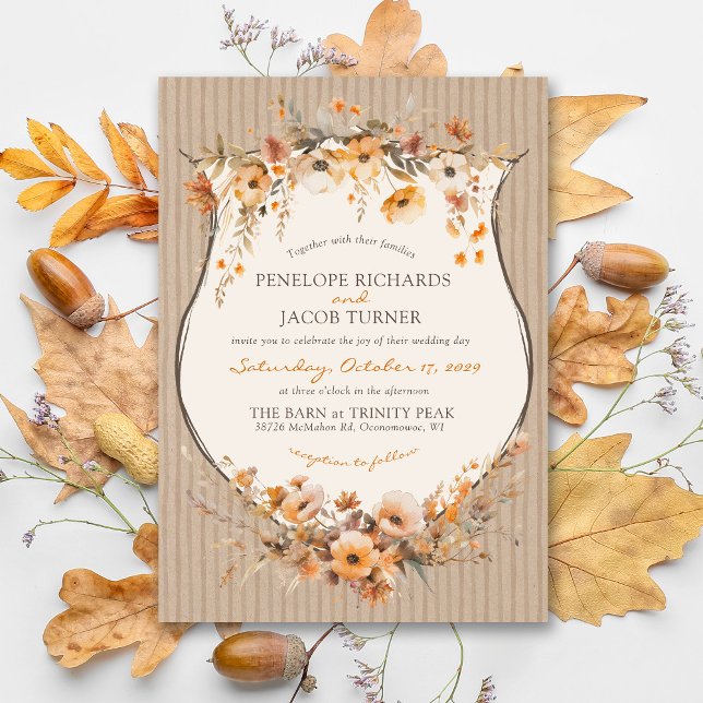 Rustic Kraft Fall Floral Autumn Leaf Brown Wedding Invitation (Creator Uploaded)