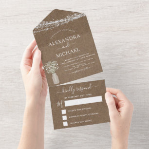 Rustic Kraft Farmhouse Baby's Breath Wedding  All In One Invitation