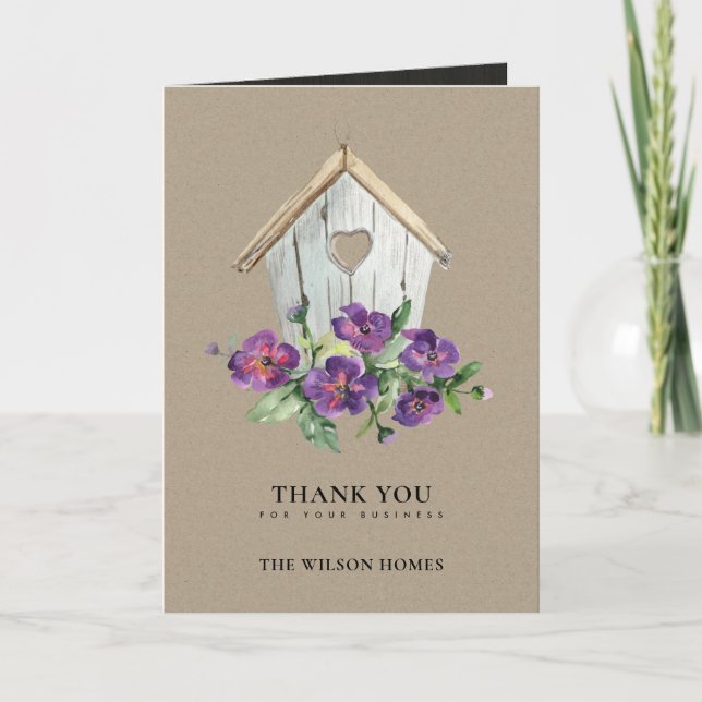 RUSTIC KRAFT FLORAL BIRDHOUSE REALTOR REAL ESTATE THANK YOU CARD (Front)