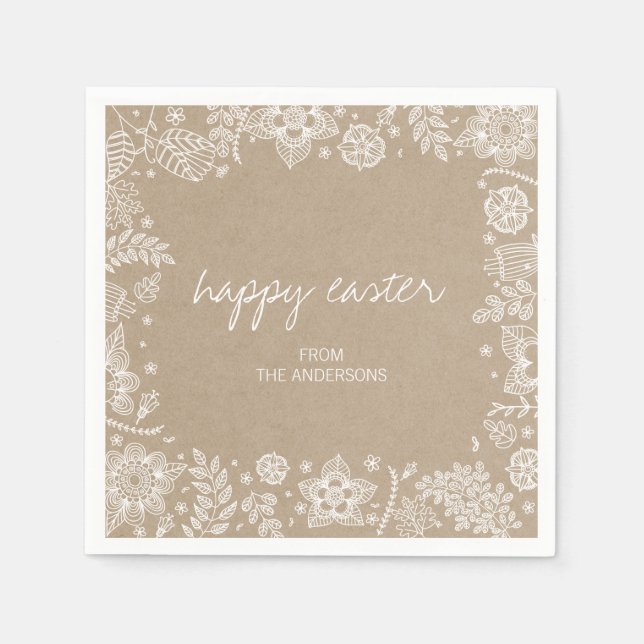 Rustic Kraft Floral Happy Easter Paper Napkin (Front)