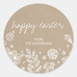 Rustic Kraft Floral Happy Easter Round Sticker