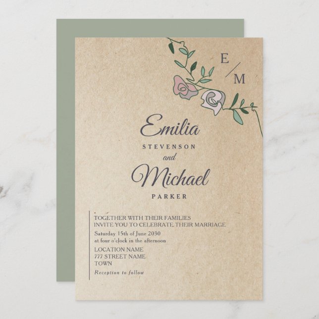 Rustic Kraft Floral Monogram Wedding  Invitation (Front/Back)