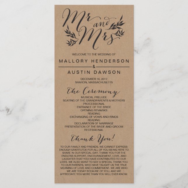 Rustic Kraft Floral Wedding Ceremony Program Programme (Front)