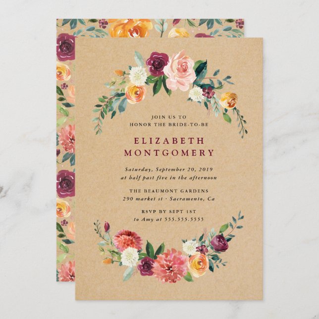 Rustic Kraft Floral Wreath Bridal Shower Invitation (Front/Back)