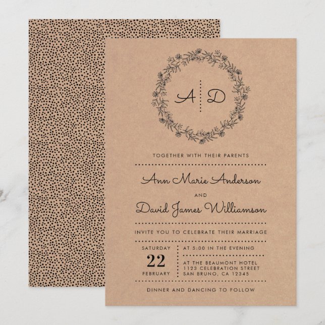 Rustic Kraft Floral Wreath Wedding Invitation (Front/Back)