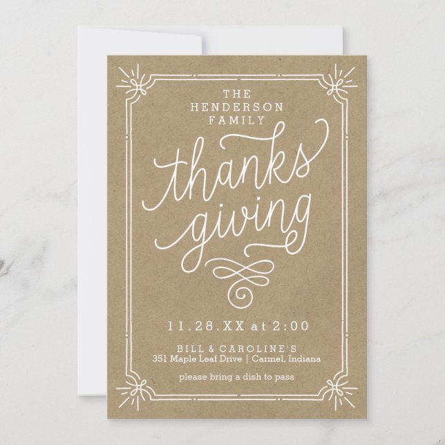 Rustic Kraft Frame Family Thanksgiving Dinner Invitation (Front)