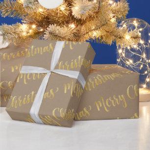 Rustic Kraft Gold Calligraphy Merry Christmas Wrapping Paper