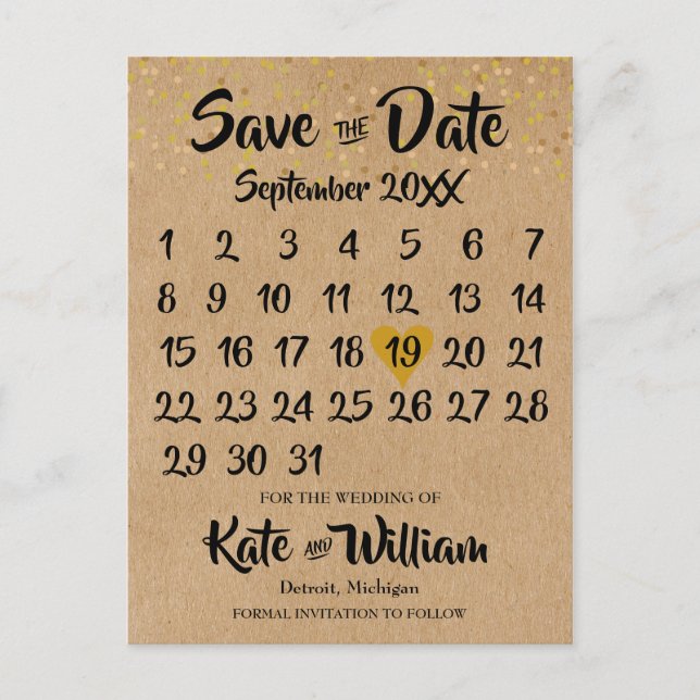 Rustic Kraft Gold Heart Calendar Save the Date Announcement Postcard (Front)