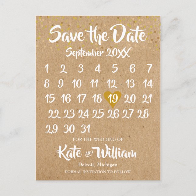 Rustic Kraft Gold Heart Calendar Save the Date Announcement Postcard (Front)