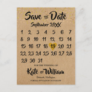 Rustic Kraft Gold Heart Calendar Save the Date Postcard