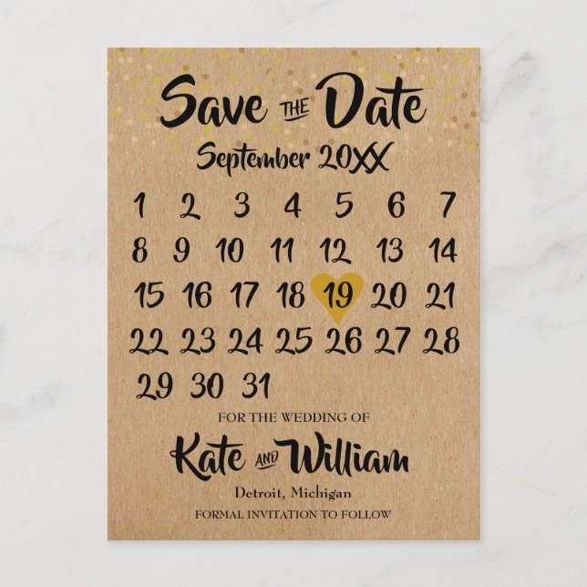 Rustic Kraft Gold Heart Calendar Save the Date Postcard (Front)
