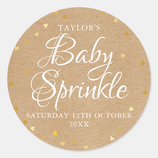 Rustic kraft gold hearts baby sprinkle classic round sticker (Front)