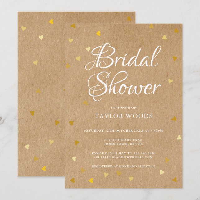Rustic kraft gold hearts confetti bridal shower invitation (Front/Back)