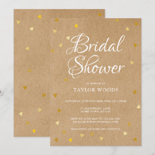 Rustic kraft gold hearts confetti bridal shower invitation