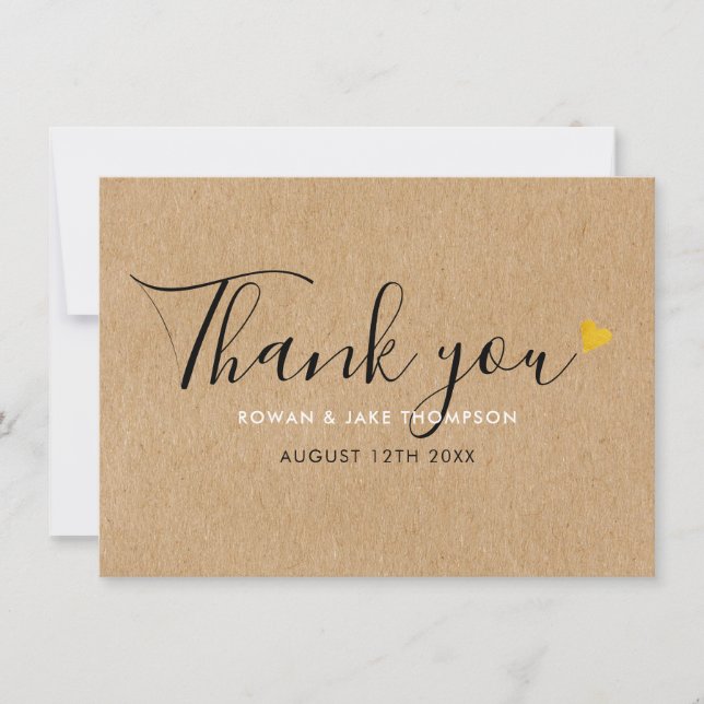 Rustic Kraft Gold Hearts Elegant Script Thank You Card (Front)