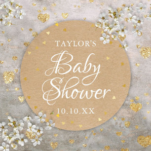 Rustic Kraft Gold Love Hearts Baby Shower Classic Round Sticker
