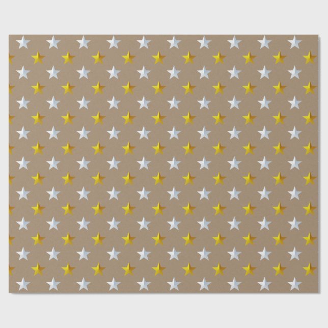 Rustic Kraft Gold Silver Stars Holiday Wrapping Paper (Flat)