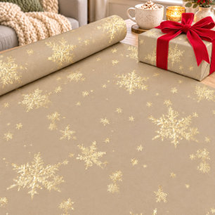 Rustic Kraft Gold Snowflakes Wrapping Paper