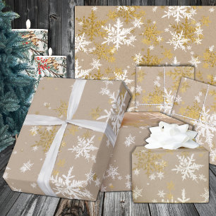 Rustic Kraft Gold & White Snowflakes Wrapping Paper