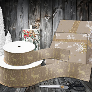 Rustic Kraft Gold Woodland Trees Stag Reindeer Grosgrain Ribbon