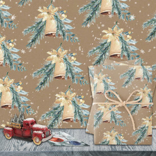 Rustic Kraft Golden Christmas Bells Are Ringing Wrapping Paper Sheet