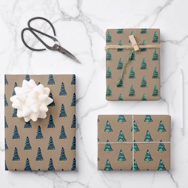 Rustic Kraft Green Christmas Trees With Lights Wrapping Paper Sheet (Front)