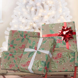 Rustic Kraft Green Holly Berries & Spruce Branches Wrapping Paper