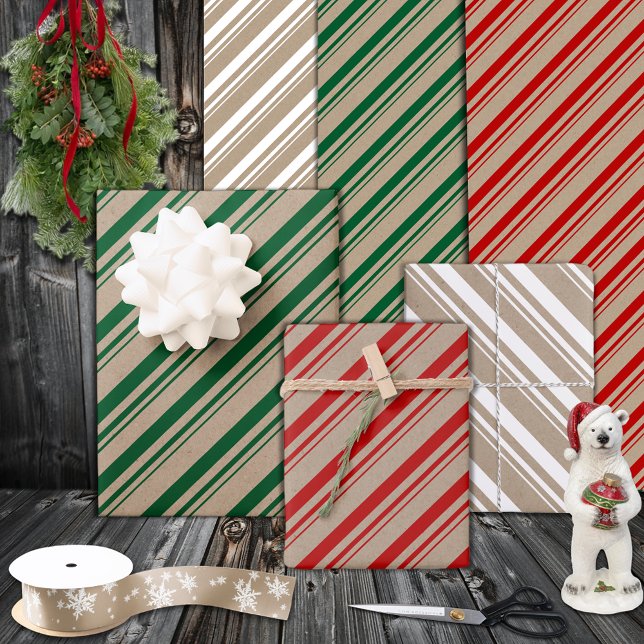 Rustic Kraft Green Red White Candy Stripes Wrapping Paper Sheet (Rustic Kraft Green Red White Candy Stripes Wrapping Paper Sheets Trio)