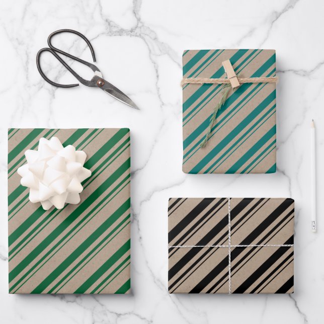 Rustic Kraft Green Teal Black Candy Stripes Wrapping Paper Sheet (Front)